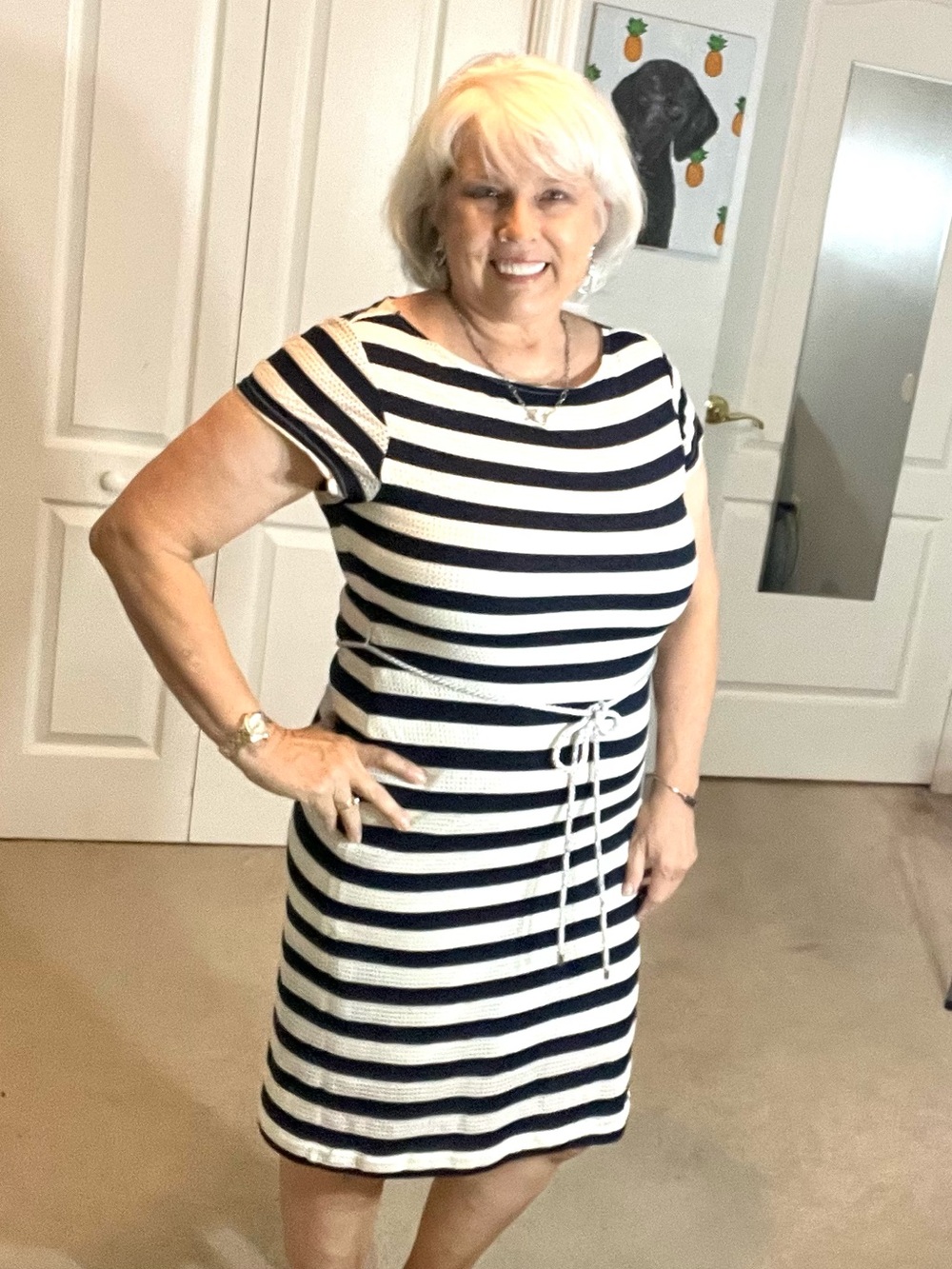 Sharagano Navy and White Striped Midi Dress